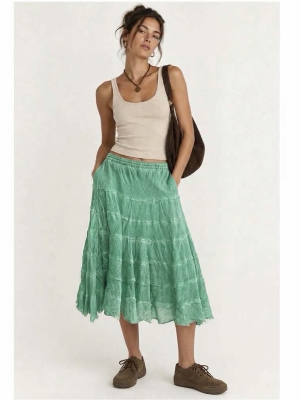 NEW METROWEAR Crinkle Green SMALL tiered midi Skirt beach Boho Hippie Peasant
